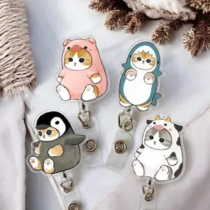 Kawaii Cat Cosplay Badge Reels - Pig, Shark, Penguin, Cow Costume Retractable ID Holder - Cute Acrylic Nurse Badge Clip
