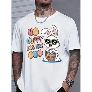 Casual Trendy Short-Sleeve T-Shirt for Men Featuring a Fun Easter Bunny with Glasses And an Egg Basket Design, Perfect As a Holiday Gift