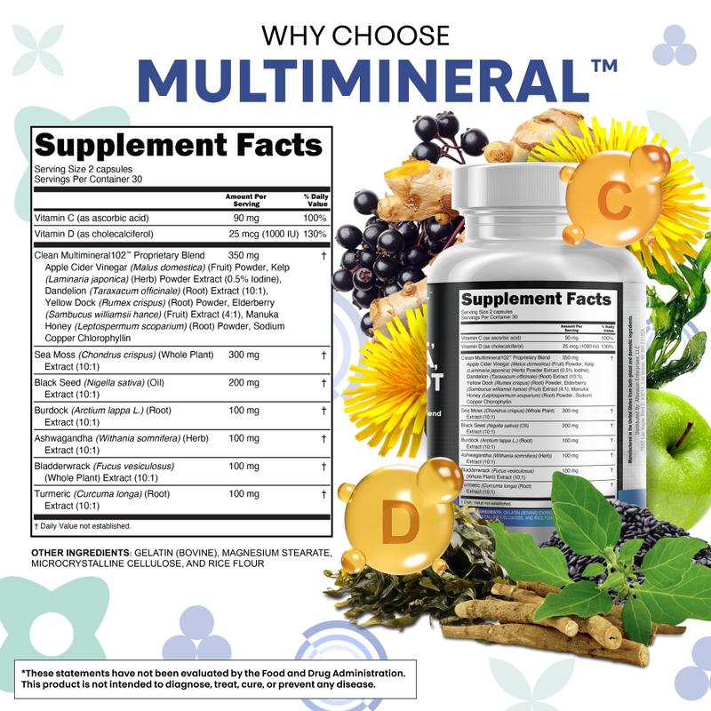 Clean Nutraceuticals Sea Moss, Black Seed Oil, Ashwagandha, Turmeric, Bladderwrack, Burdock, Vitamin C, Vitamin D3 with Elderberry Manuka Supplement Capsules – MultiMineral