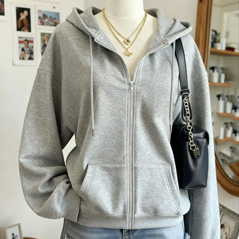 Women's Fall Winter Drawstring Zip-Up Hoodie, Solid Color Loose-Fit Long-Sleeve Sweatshirt Jacket, Casual Everyday Wear, Cozy Hoodie