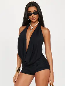 Women's Solid Deep V Neck Backless Statement Top & Slim Fit Shorts Set, Fashion Pleated Design, Perfect for Parties and Gatherings