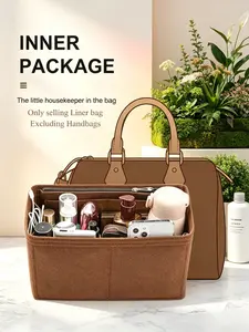 Premium Felt Handbag Organizer Insert For Speedy - Makeup Travel Tote Inner Bag With Multiple Pockets, Beige & Brown, Secure Zipper Compartments, Durable Felt Material, Handbag Storage | Stylish Storage | Secure Zipper Pockets, Purse Storage Organizer