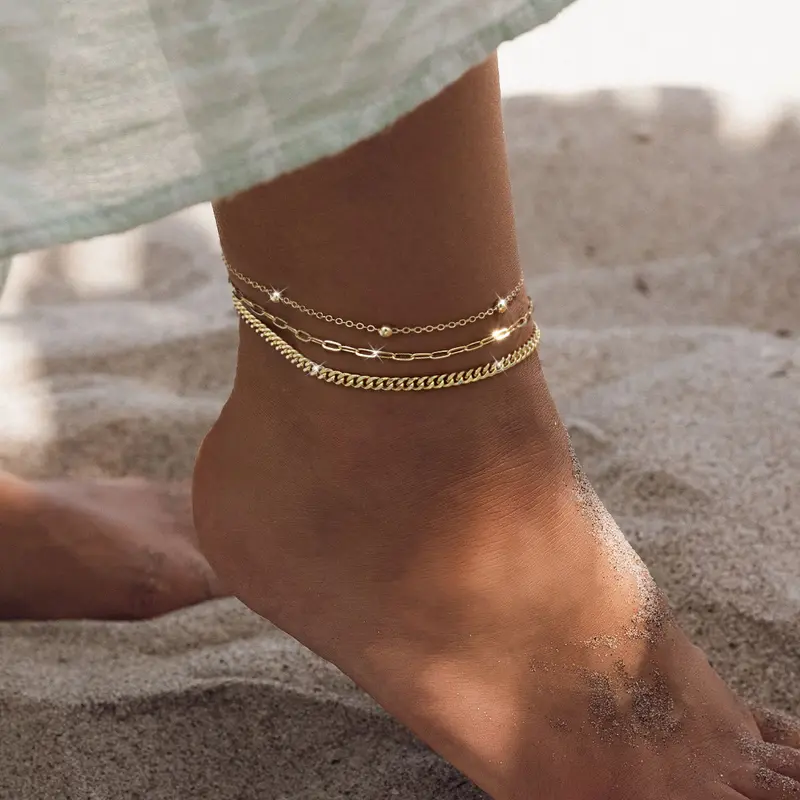 CAROVO Women's 3PCS 14K Gold Plated Waterproof Cuban Chain Anklebracelet Set - Stackable for bracelets stacking, Non Tarnish Jewelry, Lightweight Brass Overlay Custom Adults' Accessories for Women, Glossy Party Wear Gifts