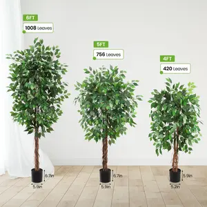 Set of 2 Realistic Artificial Ficus Trees – 4FT Tall Faux Greenery with Dual Natural Wooden Trunks, 420 Lifelike Leaves, Black Nursery Pots – Indoor/Outdoor Decorative Plant for Home, Office, Living Room, or Garden, Easy Assembly