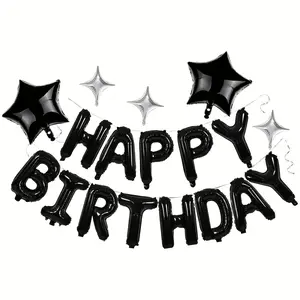 Birthday Balloon Banner, 3D Aluminum Foil Happy Birthday Sign with 5 Star Balloons Set, Balloon Decorations, Adult Birthday Anniversary Party Decoration Supplies