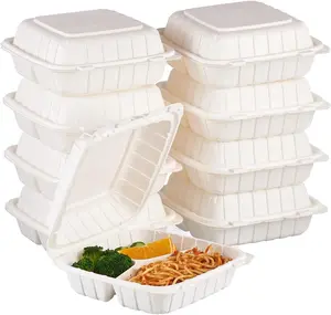 50-Pack of 8x8-Inch, 3-Compartment Disposable Food Containers with Hinged Lids – Plastic Takeout Trays, Microwave Safe, Cut-Resistant, Made from Hybrid Polypropylene, White