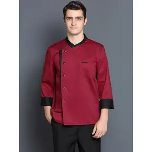 Unisex Long-Sleeve Polyester Chef Jacket Workwear - Color Block, Button Detail, Collared Neck, Regular Fit, Non-Stretch Woven Fabric, Elegant Menswear Clothes with Red+Red Black Edge Apron+Hat for Professional Kitchen