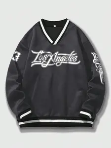 Men's Letter Print Contrast Binding Drop Shoulder Graphic Sweatshirt, Regular Fit Casual Long Sleeve V Neck Pullover for Fall & Winter, Men's Clothes for Daily Wear