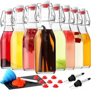 8-Pack 8.5oz Flip Top Glass Bottles, Airtight Swing Top for Brewing, Kombucha, Juice, Tea, and More + 2 Pourers