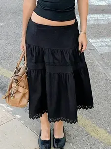 Lace Patchwork Boho Midi Skirt, Y2K Vintage Low Waist, Floral Pattern, Slim-Fitting, Summer Vacation Style, Casual, Women's Fashion