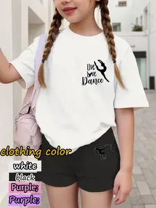 Dance Theme Dual Print Set, Live Love Dance Dancer Heart Pattern, Children Short Sleeve Shorts, 4-12 Years, Casual Style