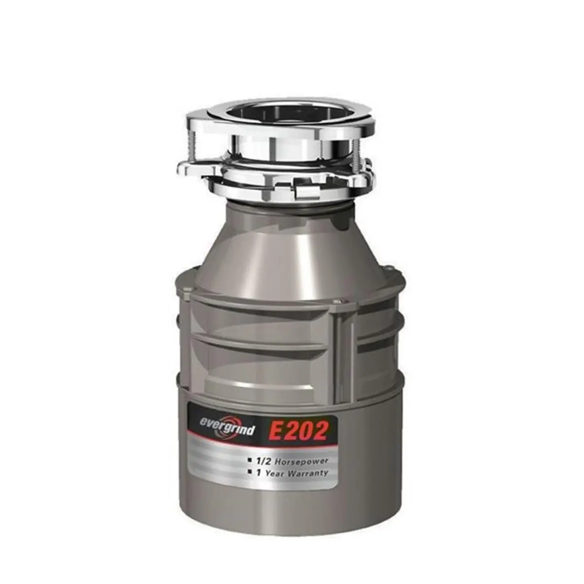 InSinkErator E202W-C 0.5 HP Evergrind Continuous Feed Food Waste Disposer, 6.375 in. Modern Stainless Steel Corded Unit, Waterborne Grey, Overload-Safe Single-Phase Enamel Power Cord Model, 1/2 Horsepower, Cushioned Anti-Splash Baffle, Dishwasher Drain Co