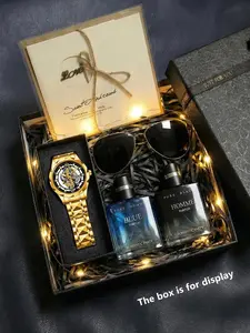 4-piece men's modern business style steel strip material hollow out waterproof wear-resistant Valentine's Day gift quartz watch with tactical sunglasses and oil ebony double fragrance set