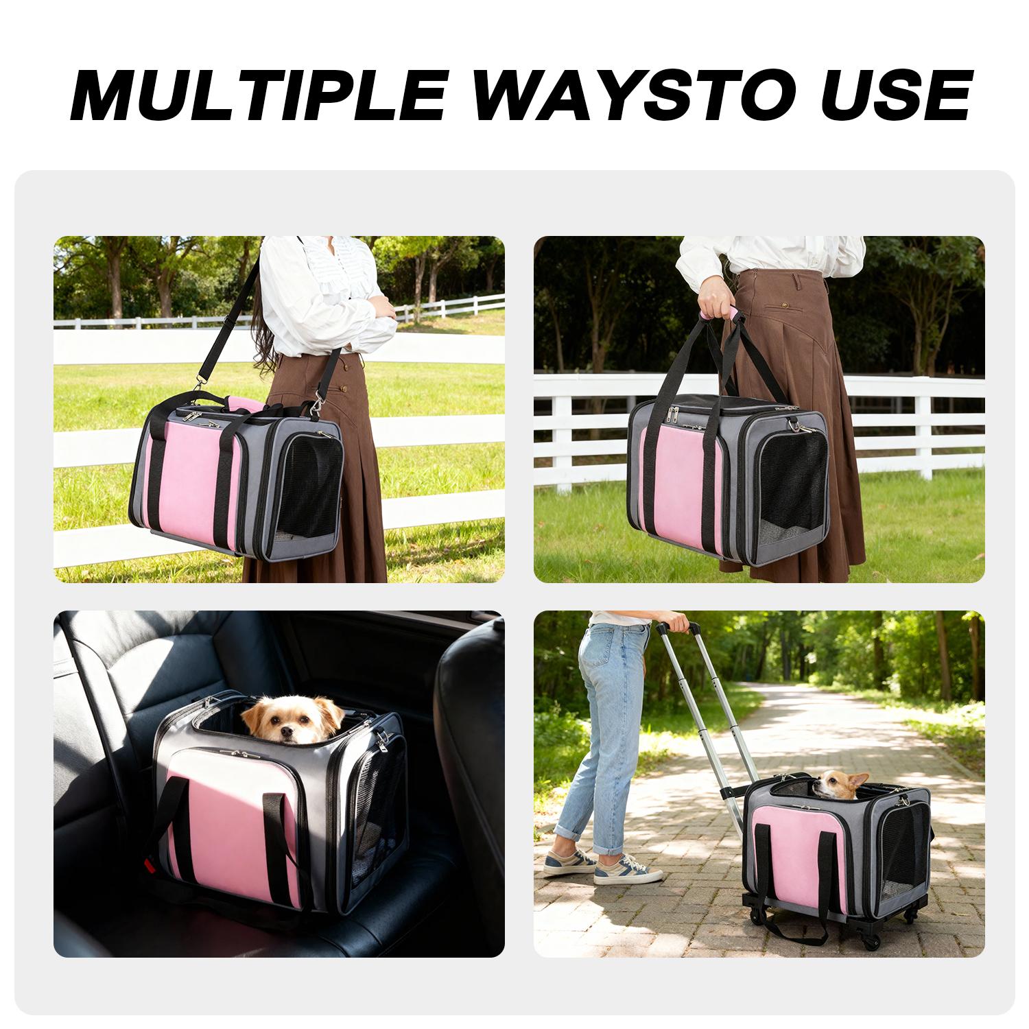 Pet Carrier Airline Approved, Expandable Large Dog Cat Carrier with Wheels, Upgraded Wheels Airline-Approved Cat & Dog Travel Carrier, Rolling Pet Carrier with Removable Pole Platform, Carnation Pink