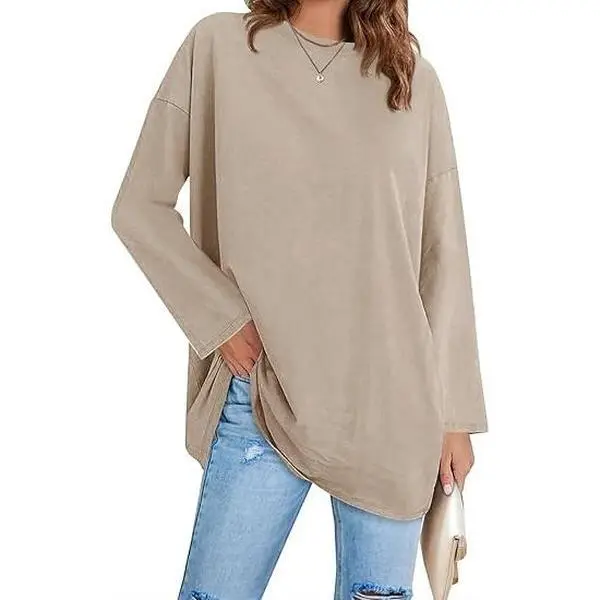 FMEYOA Women's Long Sleeve T-Shirt Oversize Loose Round Neck Tunic Blouse