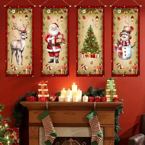 4pcs Christmas Hanging Banners Set, Polyester Holiday Door & Wall Flags Ornaments, Christmas Decorations, Santa Snowman Reindeer Tree Design, Indoor & Outdoor Use, Decoration