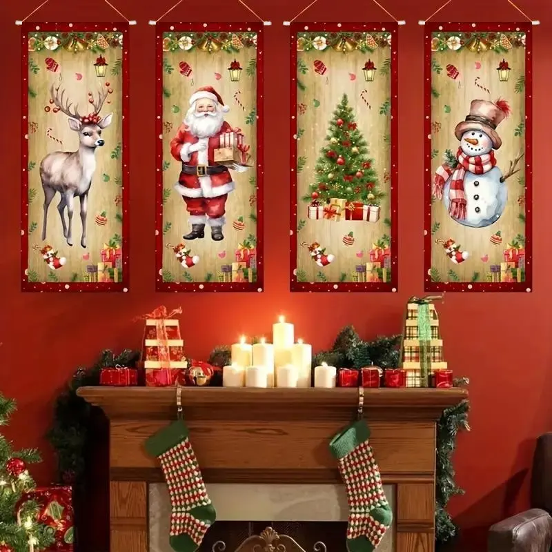 4pcs Christmas Hanging Banners Set, Polyester Holiday Door & Wall Flags Ornaments, Christmas Decorations, Santa Snowman Reindeer Tree Design, Indoor & Outdoor Use, Decoration