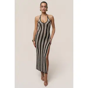 Black/Ivory Luz Halter Crochet Dress