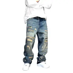 Men'sLoose-FitDenimJeansPatches,TrendyStraightLegDesign,CasualStyleforAllSeasons,Comfortable&StylishFit,CasualFashionRipped