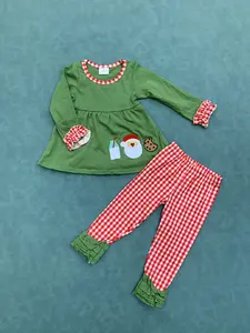 Embroidery Santa Milk Cookie tunic plaid pants baby girls Christmas clothes