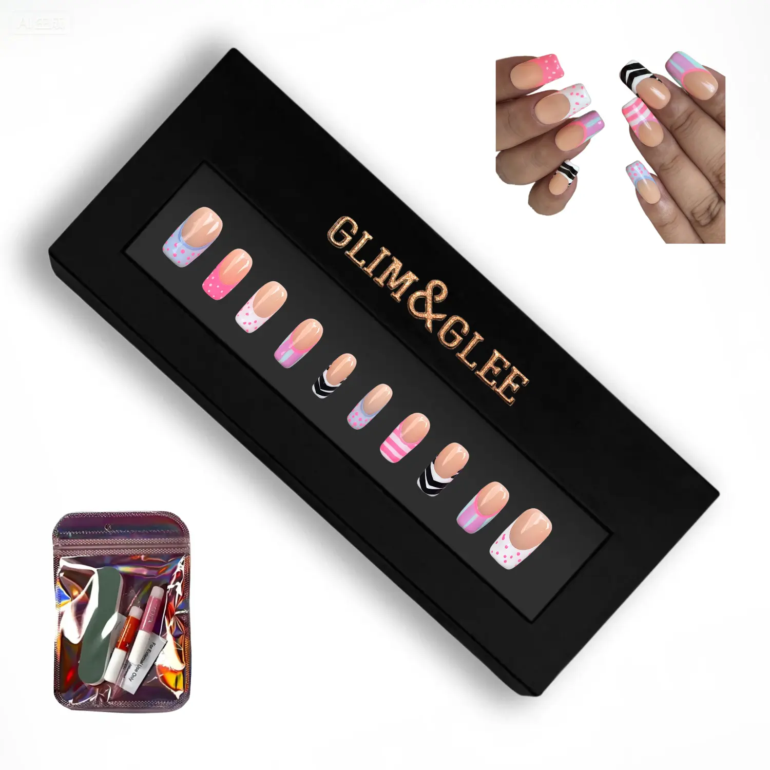 GLIM&GLEE Handmade Press On Nail Kit - Feminine Dainty Hand-Painted Short Coffin Acrylic Nails with Pastel Polka Dot, French Tip Art, Reusable for Daily Wear, Casual Gatherings, Includes Black Gift Box, Anti-Wrinkle, Nail-Friendly