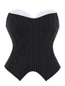 Black White Pinstripe Lace Strapless Corset Top Boned Bustier Side Zipper Crop Top Underwear Womenswear Y2K Going Out Outfit for Party Club Festival Date Night