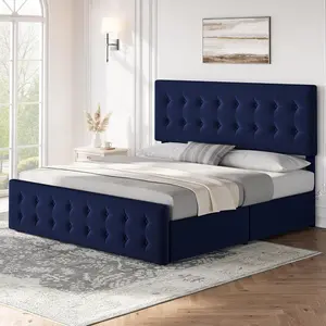 Gaomon King Size Velvet Upholstered Platform Bed Frame with Adjustable Headboard, 4 Storage Drawers, Button Tufted Design, Strong Wooden Slats, No Box Spring Needed, Blue, Velvet Upholstery