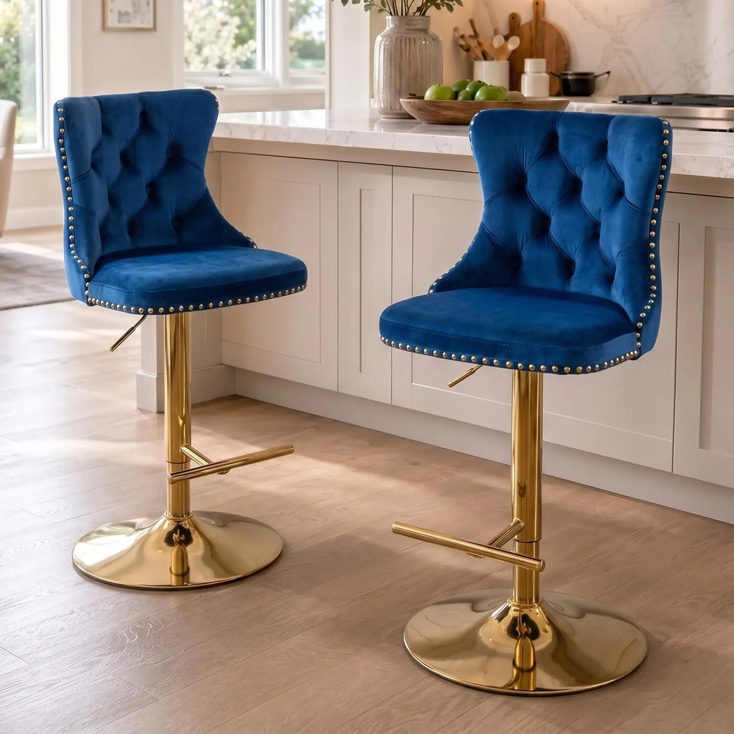 Velvet Bar Stool Set of 2, Adjustable Swivel Bar Stools with Gold Plated Metal Leg, Button Tufted, Footrest, Chrome Nailhead, Counter Height Chair for Kitchen, Bar, Dining Room