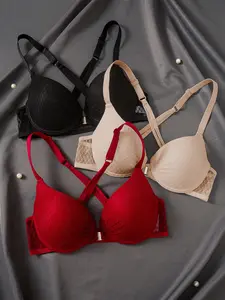 3pcs Front Closure Push-Up Bra with Lace Detail forWomen Fit Elegant Everyday Wear Basic Fashion StyleWomenswear Elegance Vneck Minimalist
