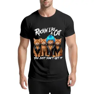 Funny Cat Meme T-Shirt Quirky Animal Art Rockin' Like A Cat T-Shirt for Cat Dad Cotton Graphic Tee 180g Soft Comfortable Men's Crew Neck Short Sleeve T-Shirts