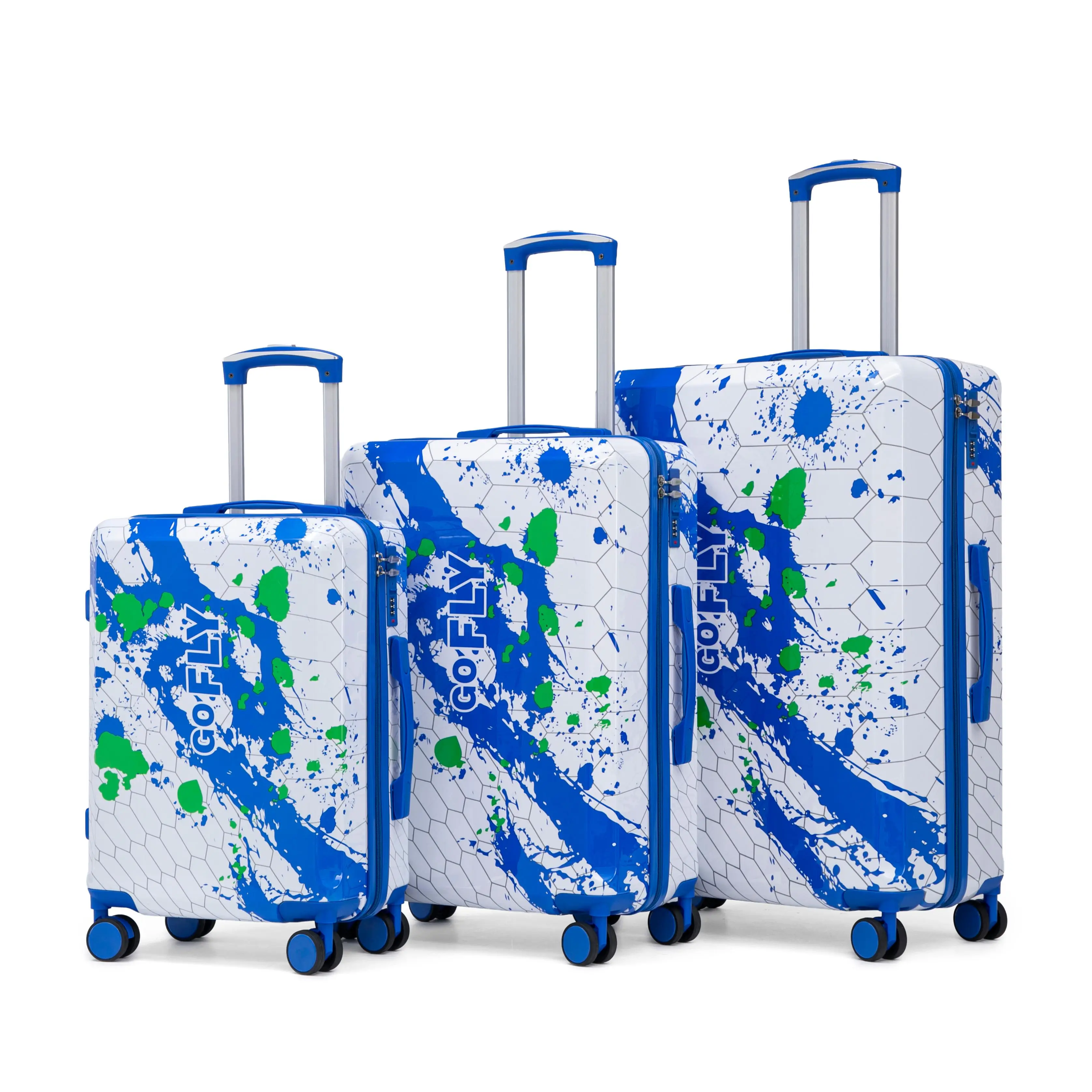 3PCS Hard Shell Luggage Set (20"/24"/28") - Blue Honeycomb Printed Waterproof Spinner Suitcase with Combination Lock, Anti-Slip Side Feet for Family Travel