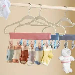 Portable Foldable Hanging Clothes Hangers with 6 Clips, Space-Saving Drying Rack for Socks Underwear Delicate Items, Durable Plastic Travel Friendly Design, Folding Hanger Organiser