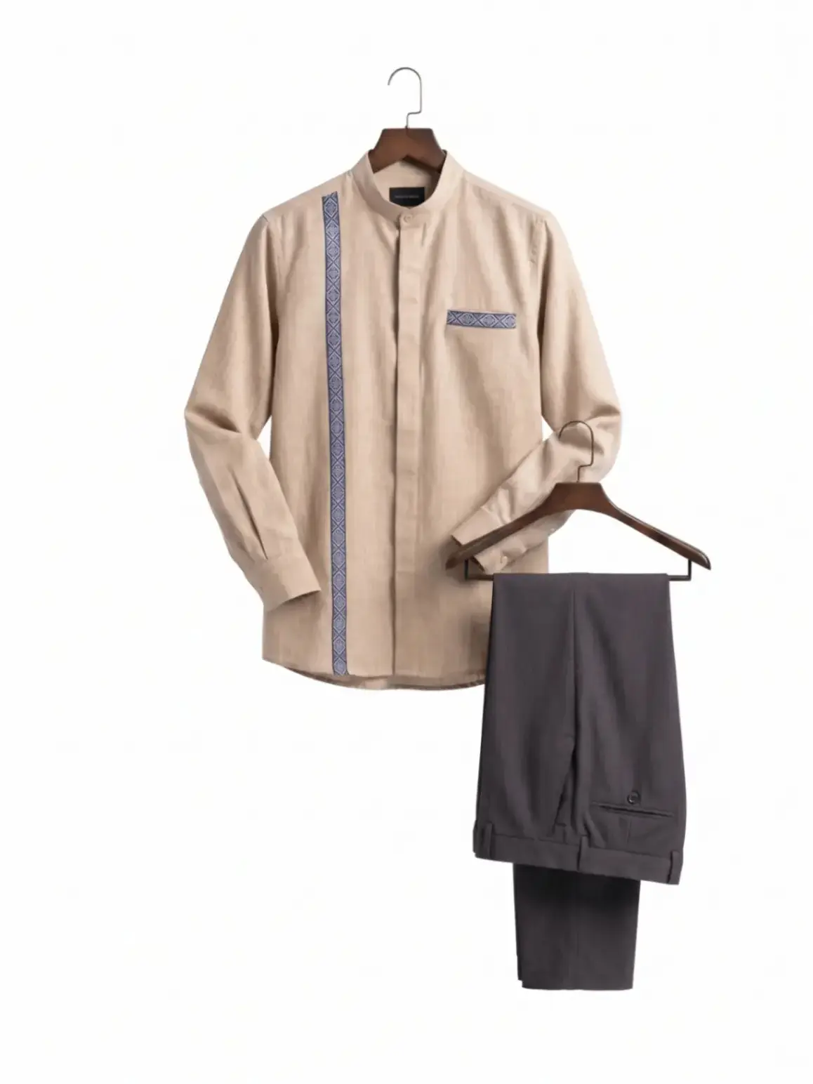 Men's 2-Piece Classic Heritage Linen Blend Mandarin Suit Set - Embroidered, Long Sleeves, Close-Fit, Matching Trousers, Breathable, Geometric, Traditional Elegant Ethnic Look for Executives, Linen-Like, Lightweight, Body-Fitting, Linen-Like Men's Suits