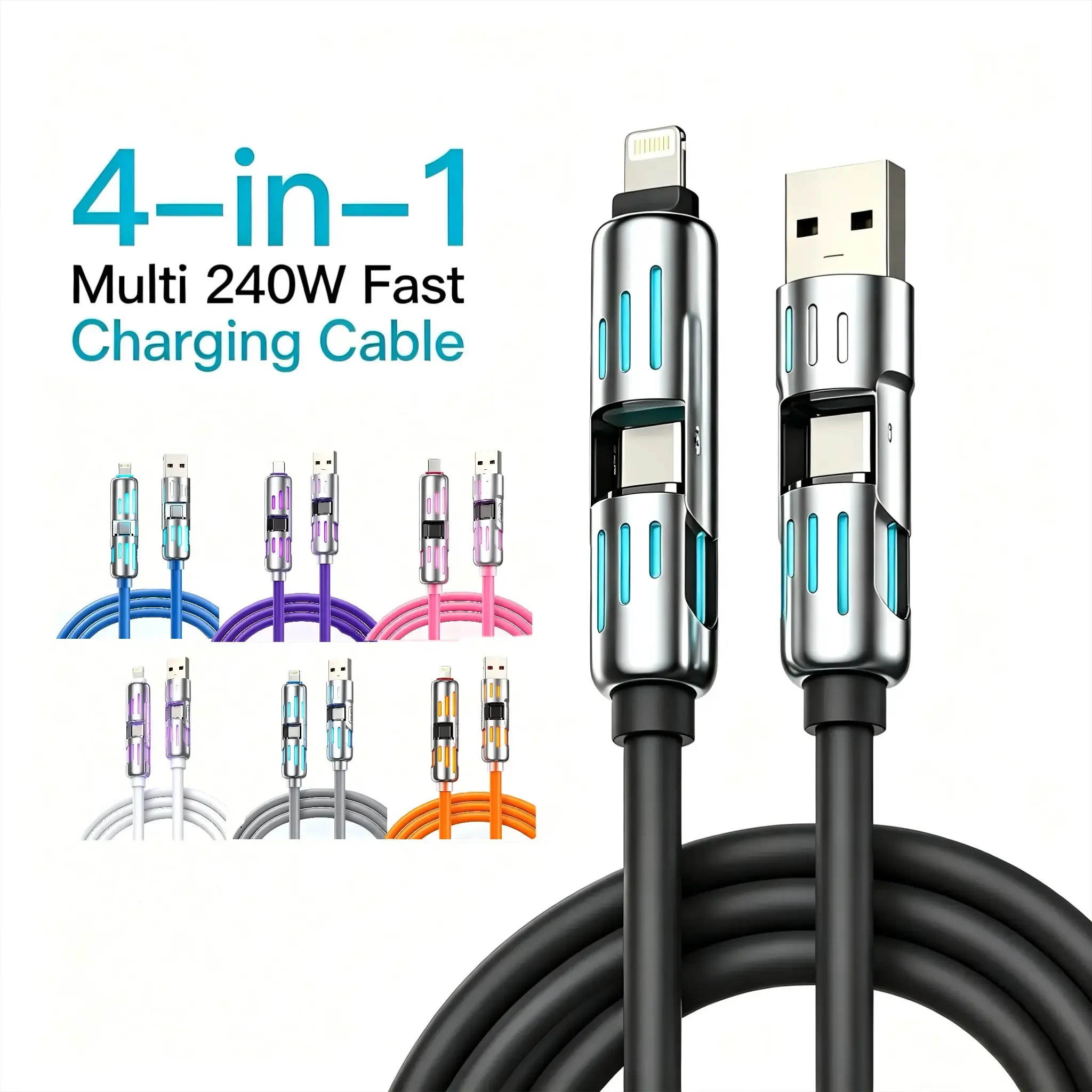 240W Fast Charger 4-in-1 Multi-Functional Charging Cable with Silicone Cord, USB-A Type-C Lightning, for iPhone 15 16 17 Samsung Galaxy Laptop