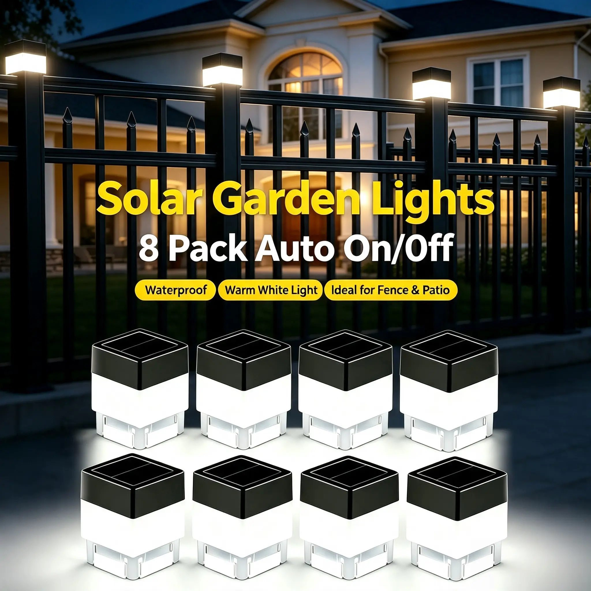 Solar Fence Post Cap Lights, Dual‑Color White & Warm White LED, 2x2 Inch(5x5cm), IP65 Waterproof Outdoor Lights for Wrought Iron & Aluminum Fence, Garden Yard Decor