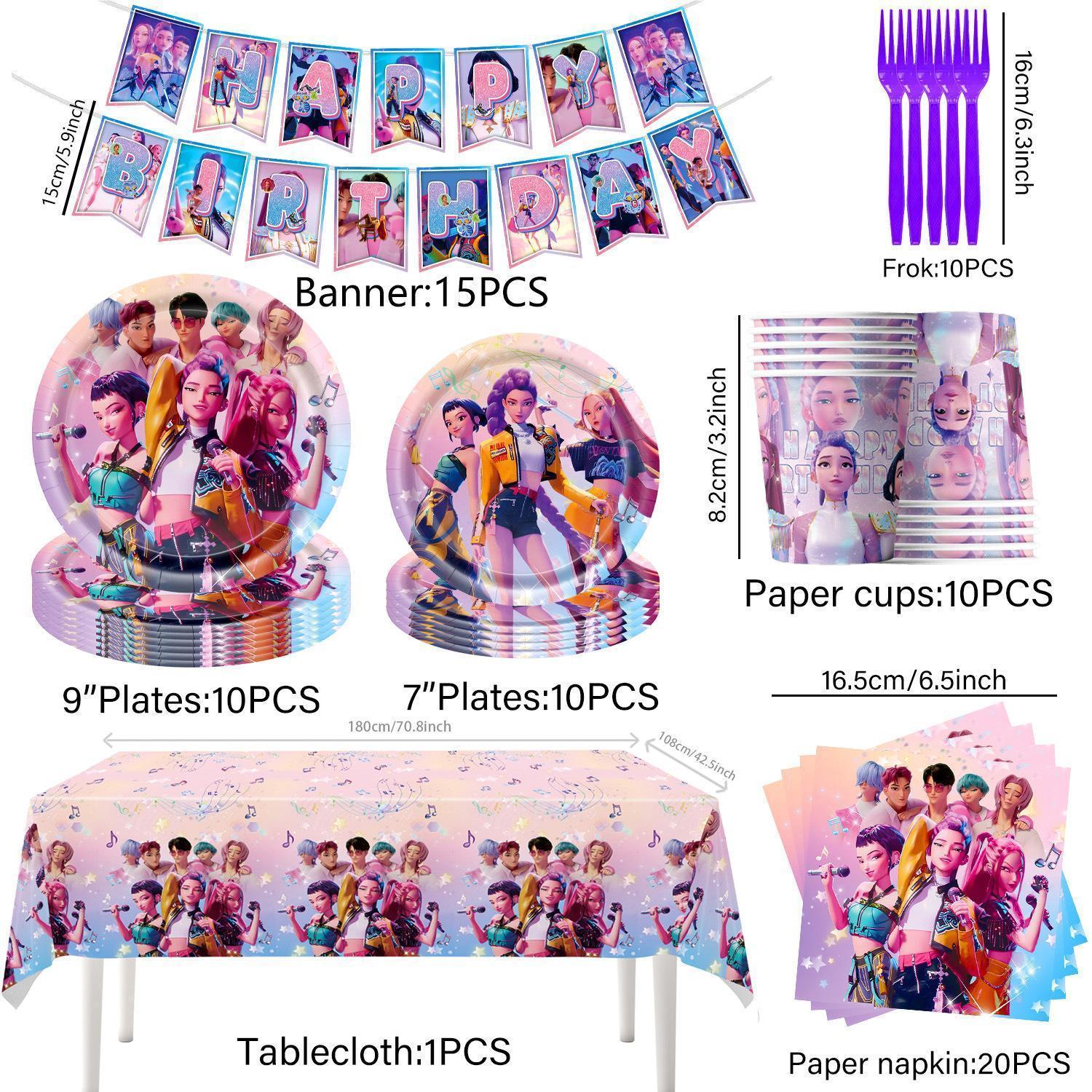 K-Pop Demon Hunters Birthday Party Supplies & Tableware – Birthday Decorations, Backdrop Banner, and Party Tableware Set