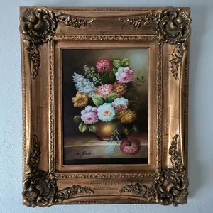 Vintage Oil on Canvas Flowers in Ornate Gold Frame Classic Artwork (201)