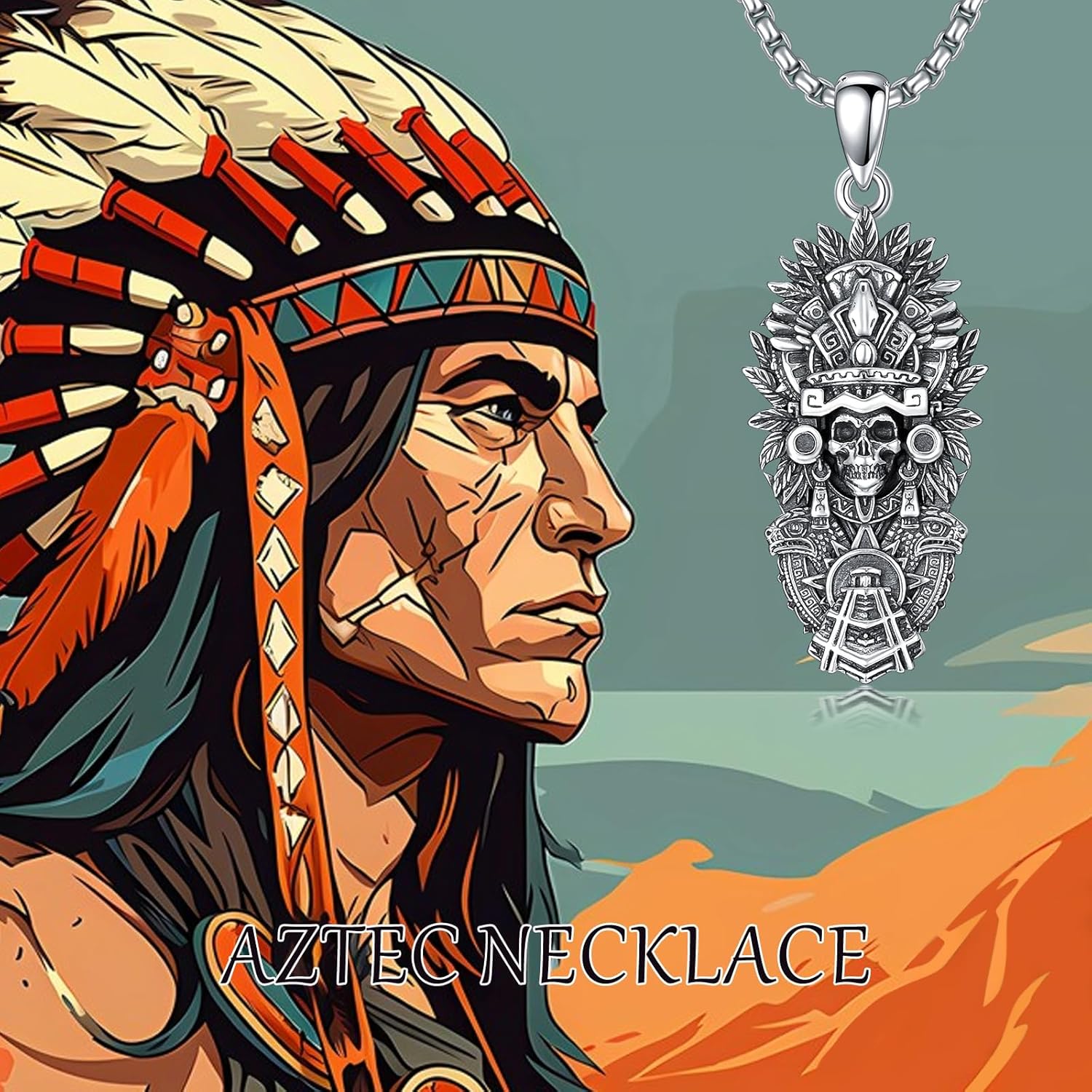 MEIDERBO Aztec Jewelry 925 Sterling Silver Skull Necklace Mictlantecuhtli Tezcatlipoca Mexico Necklace Jaguar Warrior Mayan Mexican Jewelry Aztec Gifts for Men Women Unisex