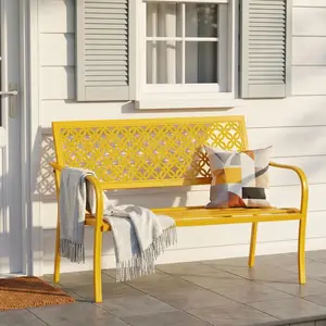 ONBRILL 50" Outdoor Bench, Garden Benches with Galvanized Metal Frame, Front Porch Bench with Floral Backrest, Patio Furniture with Adjustable Feet for Park, Yard, Lawn, Entryway, Yellow