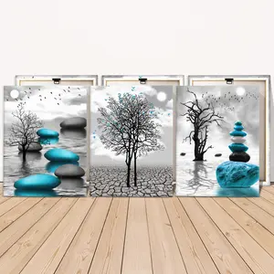 3 Counts Wooden Framed Canvas Painting, Blue Stone And Bare Tree Landscape Images, Exquisite Poster, Perfect Living Room Decoration, Modern Art, Fashion Family Poster, Wall Art Decoration, Waterproof Art