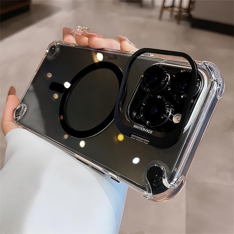 Silicone Soft Shell Cellphone Casing, TPU 4-Corner Airbag Crash-Proof Shockproof Cover with Magnetic Bracket, Mobile Phone Accessory for iPhone 17, 17 Pro Max, 16, 15, 15 Air
