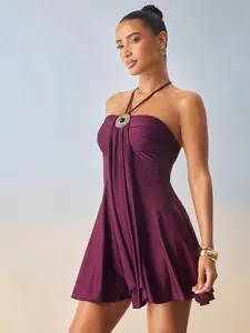 SlaySleep x Hauture Women's Round Black Pearl Metal Decor Backless Halter Mini Dress