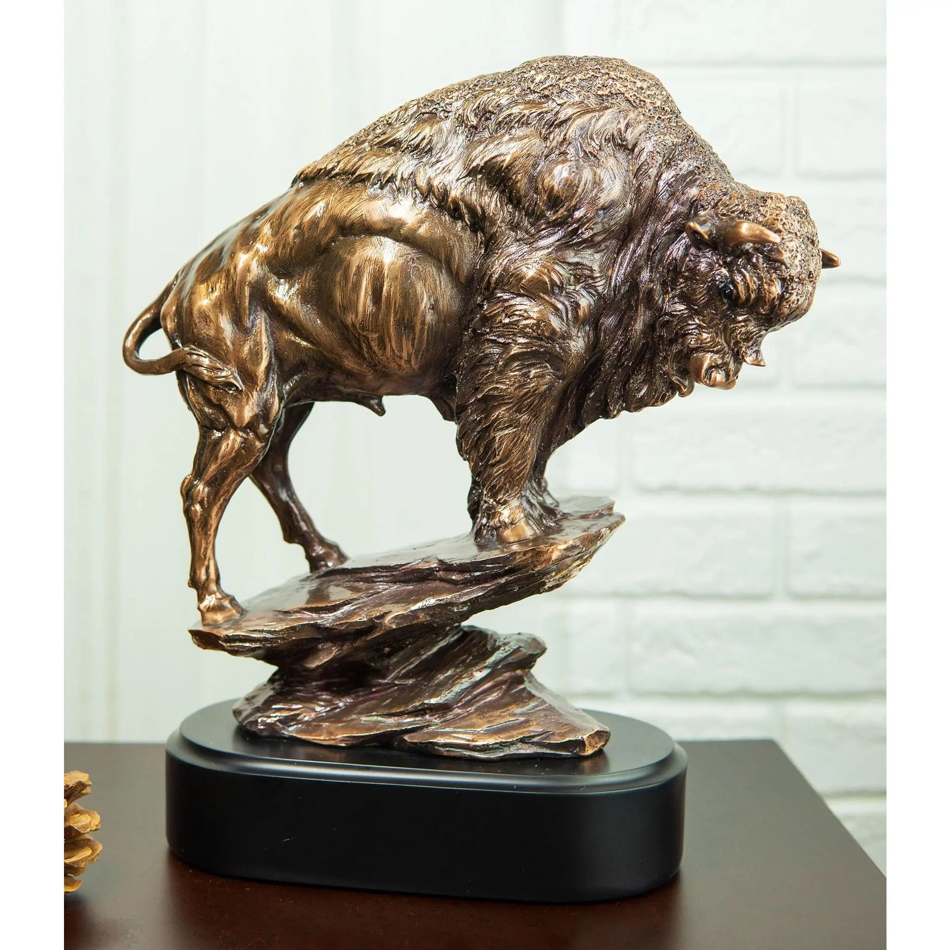 Western Style Buffalo Jump American Bison Cliff Edge Bronze Electroplated Figurine, 4 lbs Home Decor Sculpture