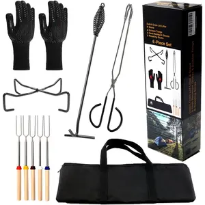 6-in-1 Dutch Oven Camping Accessories Kit - Campfire Cooking Equipment with Marshmallow Roasting Sticks, Heat-Resistant Gloves, 16" Scissors Tongs, Lid Lifter & Lid Stand