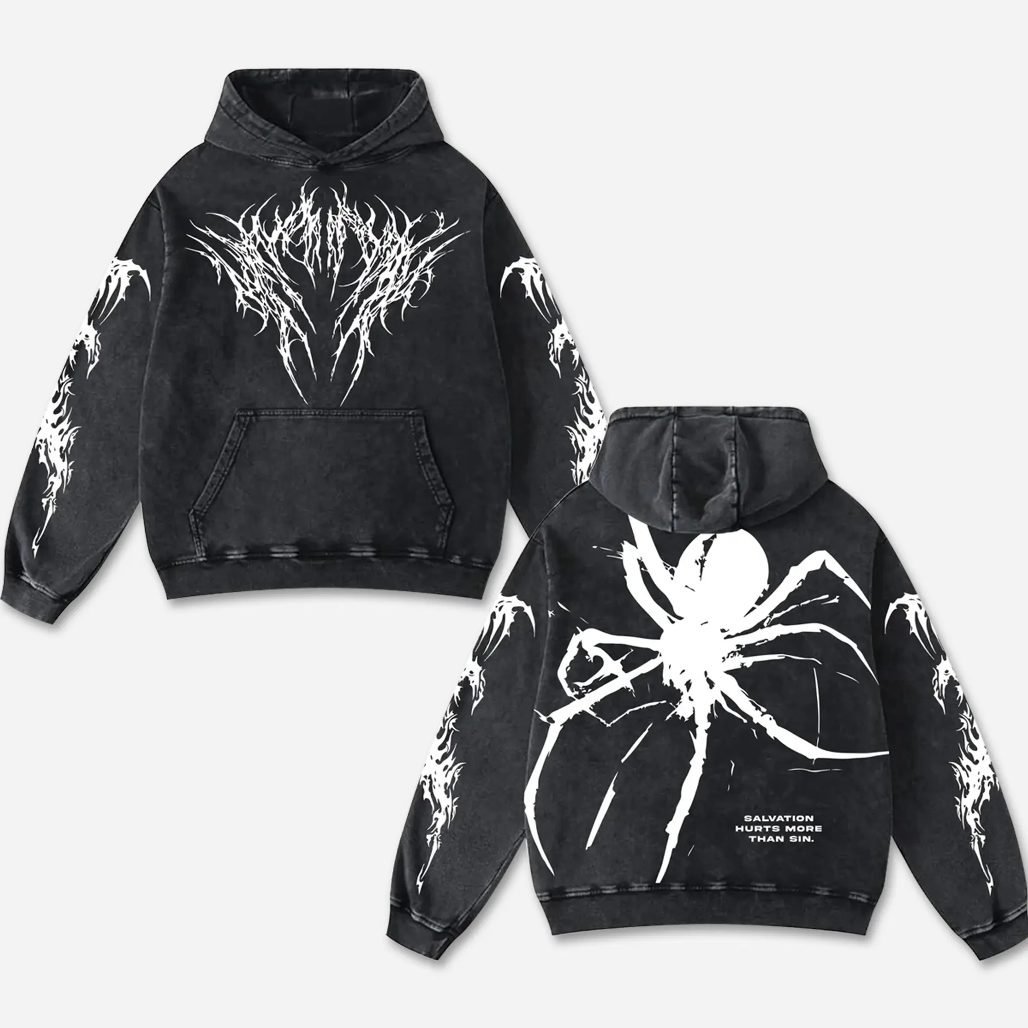 Retro Salvation Hurts More Than Sin Washed Black Gothic Hoodie Cotton With Demon Tribal, Dark Streetwear Graphic Shirt, Dark Art Clothing Motorcycle Motorbike Supermotor Fan Gear