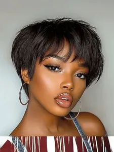 Premium Quality Straight Bob Full Machine Wig Human Hair Pixie Cut Short Layered With Bangs #1b 613 Honey Blond 99j Red 350 Orange #4 Brown Colors With Baby Hair Human Hair Wigs