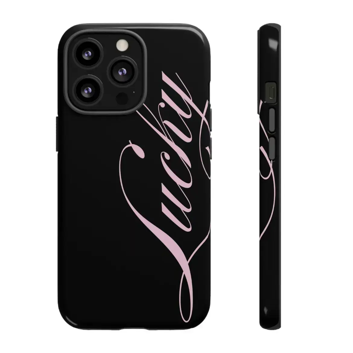 Lucky Tough Phone Case – Pink Text on Black for iPhone 11 12 13 14 15 16 17 Pro Max Plus Air, Gift For Friends Y2K Baddie Manifestation Aesthetic Strong Phone Armor