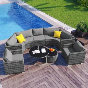 Seizeen 9-Piece Outdoor Half-Moon Patio Sofa Set, Modern Round Gray Wicker Sofa Set