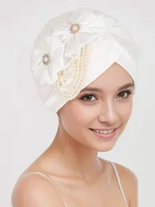 Elegant Pearl Chain Decorative Beaded Headscarf Cap, Two Flower Design, Wrinkled Knot Style, Perfect for Formal Events, Weddings, Banquets