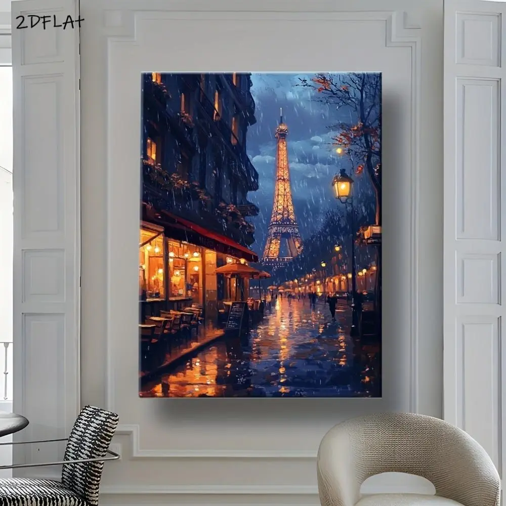 2D Flat, Parisian Street Scene Framed Wall Art with Eiffel Tower - Classic Wooden Border Canvas Print, Vintage French Nighttime Landscape Painting for Living Room, Bedroom, Office Decor - Housewarming Gift, Birthday Present, Elegant Home Decoration	